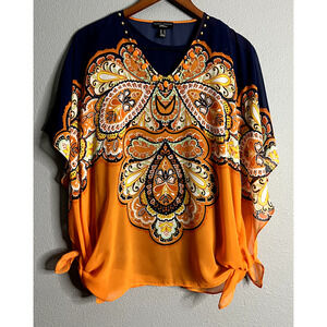 Susan‎ Graver Womens XS Orange Paisley Kimono Kaftan Blouse Set Oversized Boho